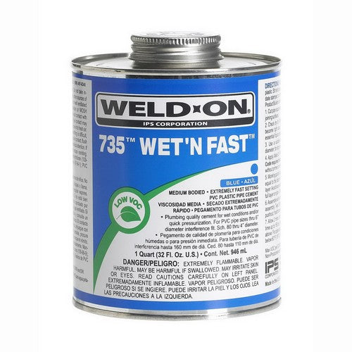 IPS Corporation 12496 Weld-On 735 Wet-N-Fast Medium Bodied PVC Pipe Cement, 1 pt Metal Can, Blue