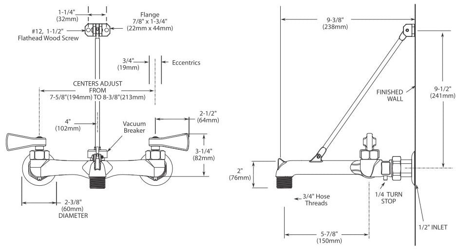 Moen 8230 2 HDL SERVICE SINK FAUCET 1/2 INCH Eccentric IPS 7-5/8 TO 8-3/8 INCH CENTER