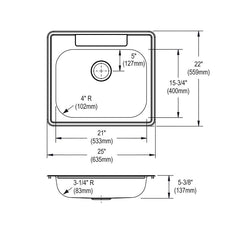 Elkay GE125221 Dayton Kitchen Sink, Satin, Rectangle Shape, 21 in L x 15-3/4 in W x 5-1/4 in D Bowl, 1 Faucet Holes, 25 in L x 22 in W x 5-3/8 in H, Top Mount