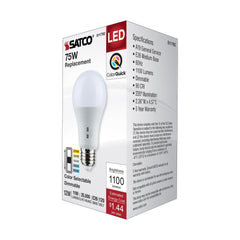 SATCO S11792 Type A Lamp, 12 W, 75 W Incandescent Equivalent, E26 Medium Lamp Base, A19 Shape, 1100 Lumens