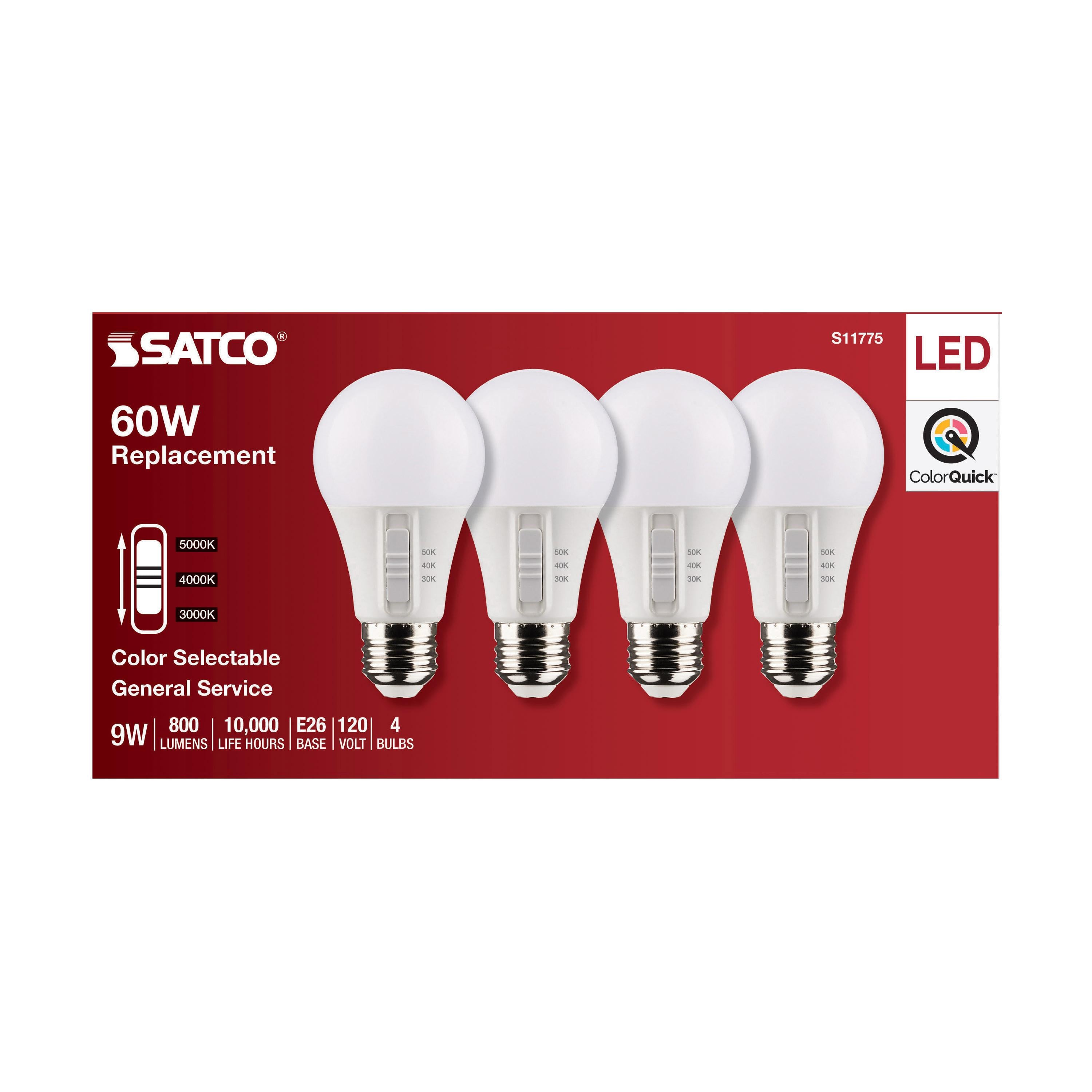 SATCO S11775 Non-Dimmable Type A Lamp, 9 W, 60 W Incandescent Equivalent, E26 Medium Lamp Base, A19 Shape, 800 Lumens