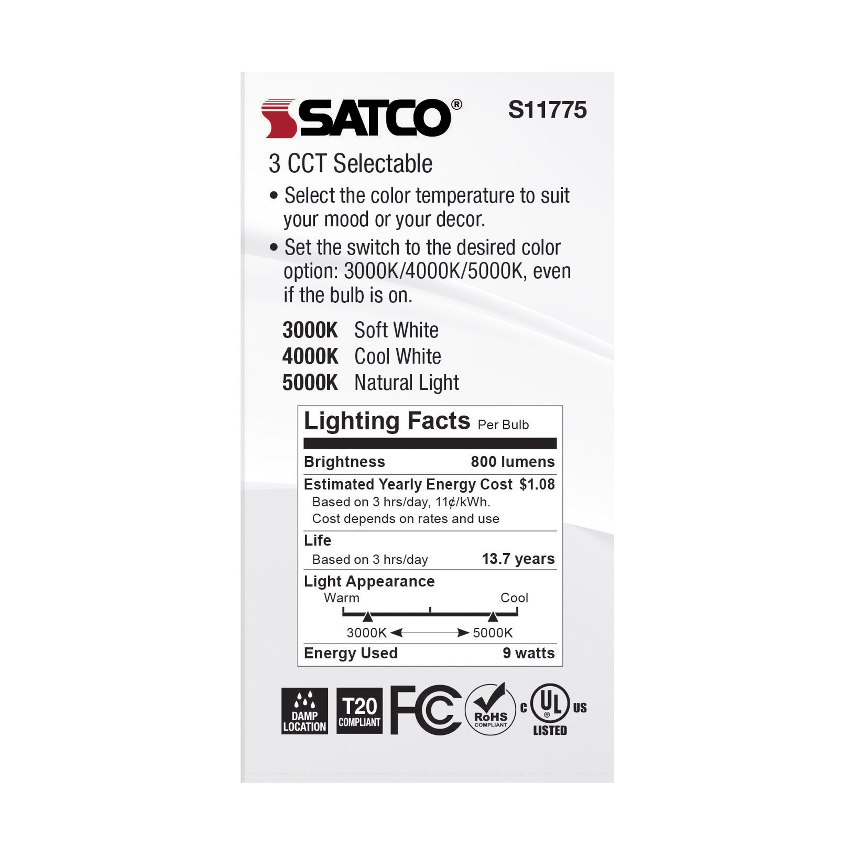 SATCO S11775 Non-Dimmable Type A Lamp, 9 W, 60 W Incandescent Equivalent, E26 Medium Lamp Base, A19 Shape, 800 Lumens