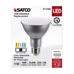 SATCO S11586 PAR Lamp, 11 W, 75 W Incandescent Equivalent, E26 Medium Lamp Base LED Lamp, PAR30LN Shape, 1000 Lumens