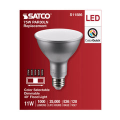 SATCO S11586 PAR Lamp, 11 W, 75 W Incandescent Equivalent, E26 Medium Lamp Base LED Lamp, PAR30LN Shape, 1000 Lumens