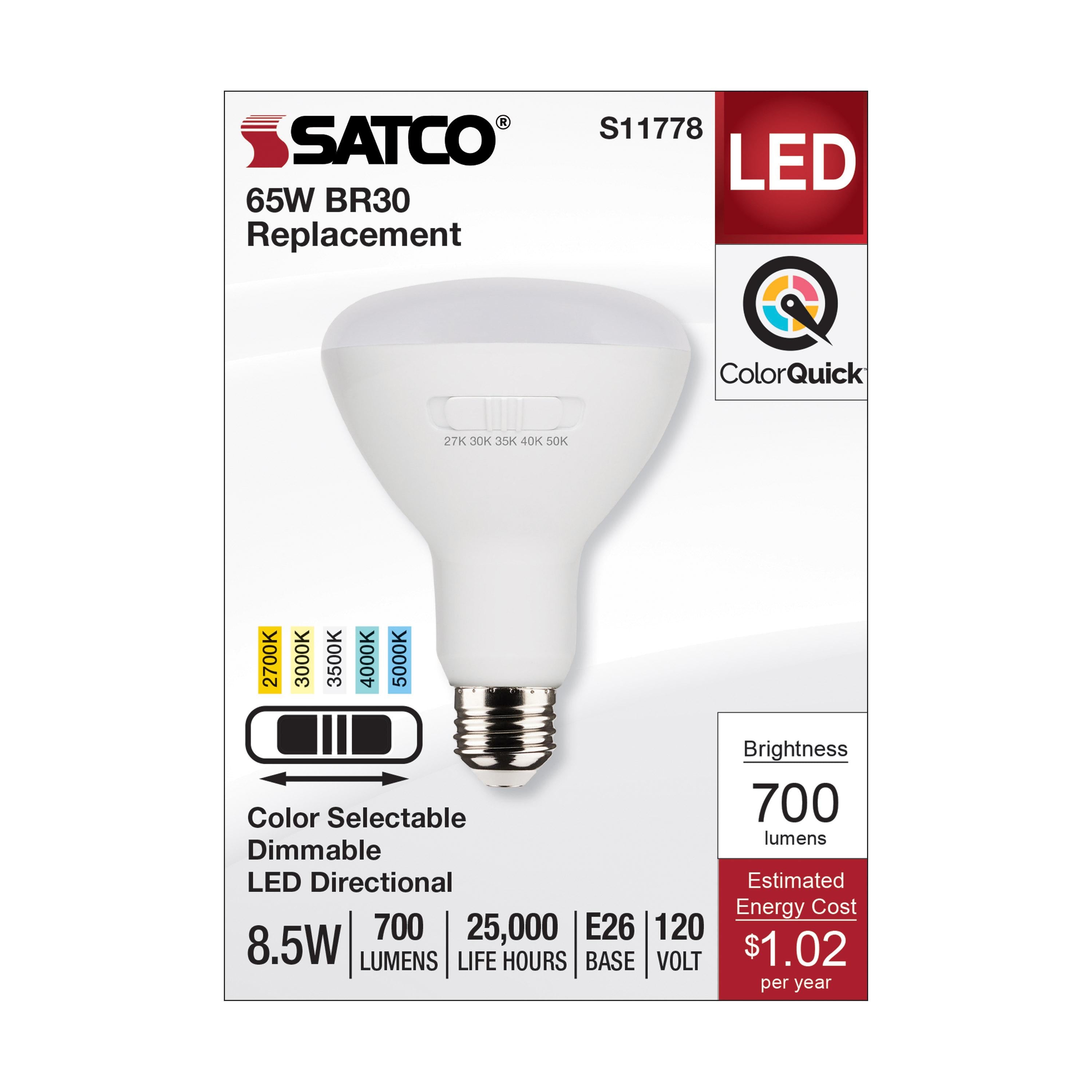 SATCO S11778 Dimmable Lamp 8.5 W 65 W Incandescent Equivalent