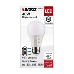 SATCO S11770 Non-Dimmable Type A Lamp, 6 W, 40 W Incandescent Equivalent, E26 Medium Lamp Base, A19 Shape, 470 Lumens