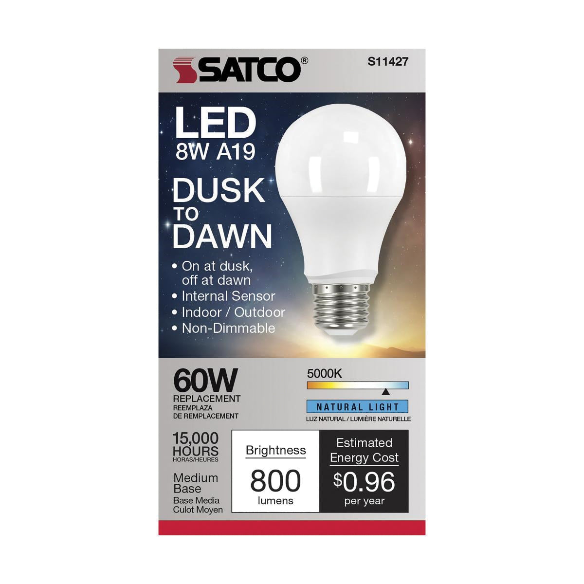 SATCO S11427 Type A Dusk to Dawn Non-Dimmable LED Lamp With Photocell 8 W 60 W Incandescent Equivalent