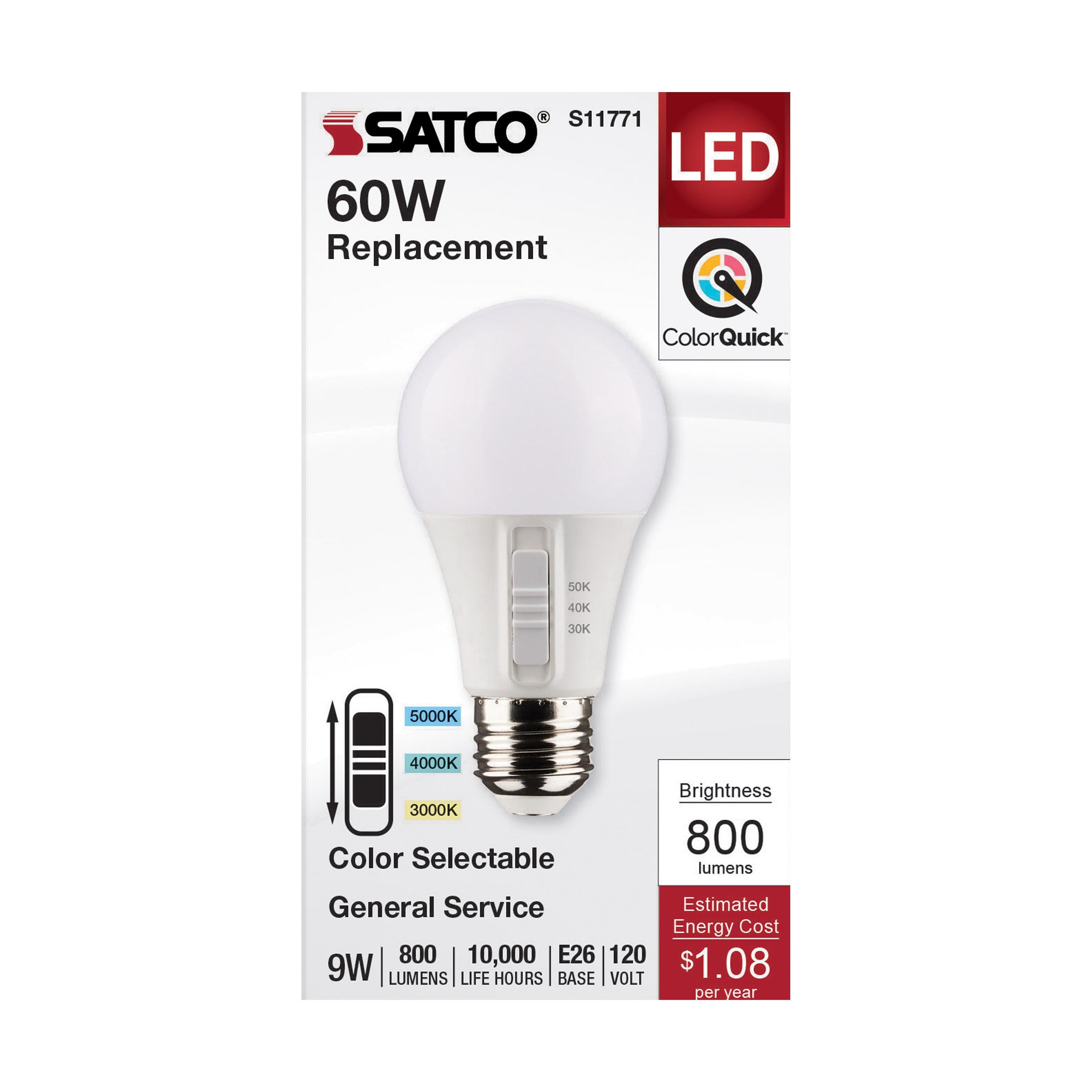 SATCO S11771 Non-Dimmable Type A Lamp, 9 W, 60 W Incandescent Equivalent, E26 Medium Lamp Base, A19 Shape, 800 Lumens