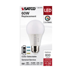 SATCO S11771 Non-Dimmable Type A Lamp, 9 W, 60 W Incandescent Equivalent, E26 Medium Lamp Base, A19 Shape, 800 Lumens