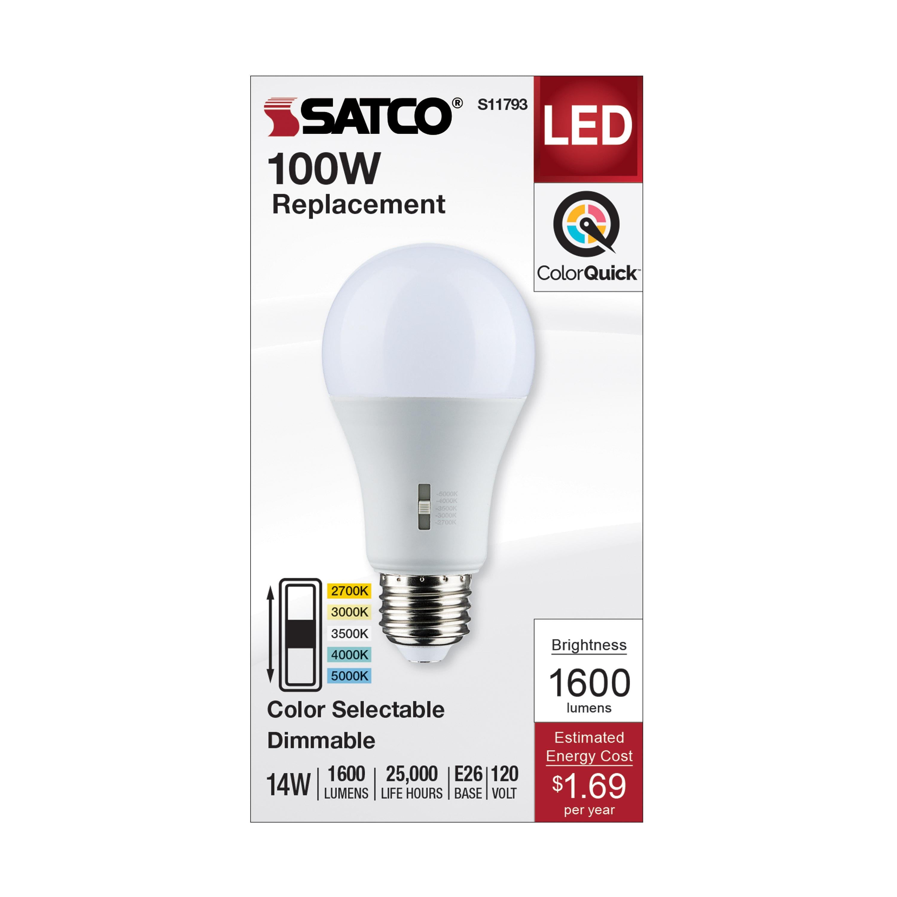 SATCO S11793 Type A Lamp, 14 W, 100 W Incandescent Equivalent, E26 Medium Lamp Base, A19 Shape, 1600 Lumens