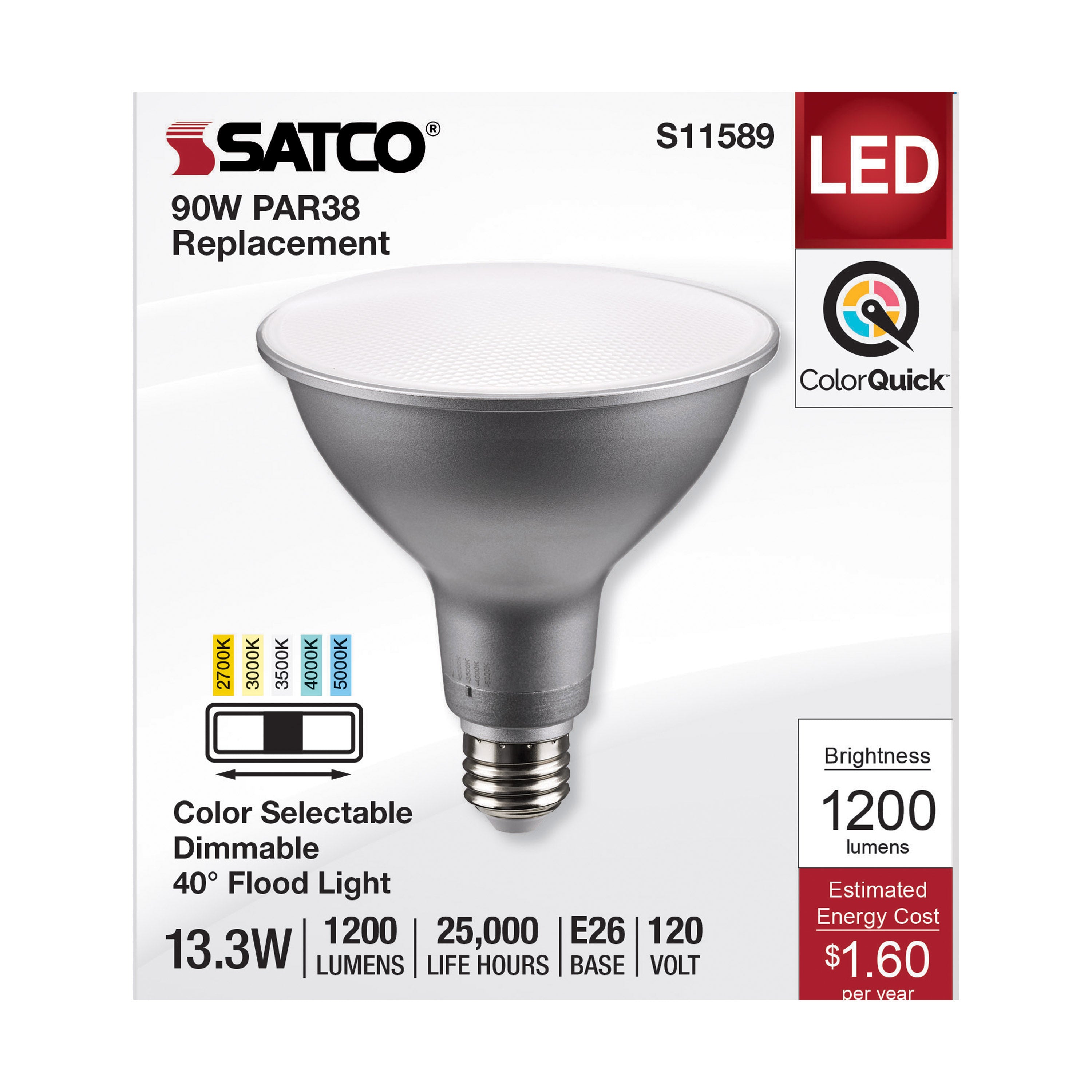 SATCO S11589 PAR Lamp, 13.3 W, 90 W Incandescent Equivalent, E26 Medium Lamp Base LED Lamp, PAR38 Shape, 1200 Lumens