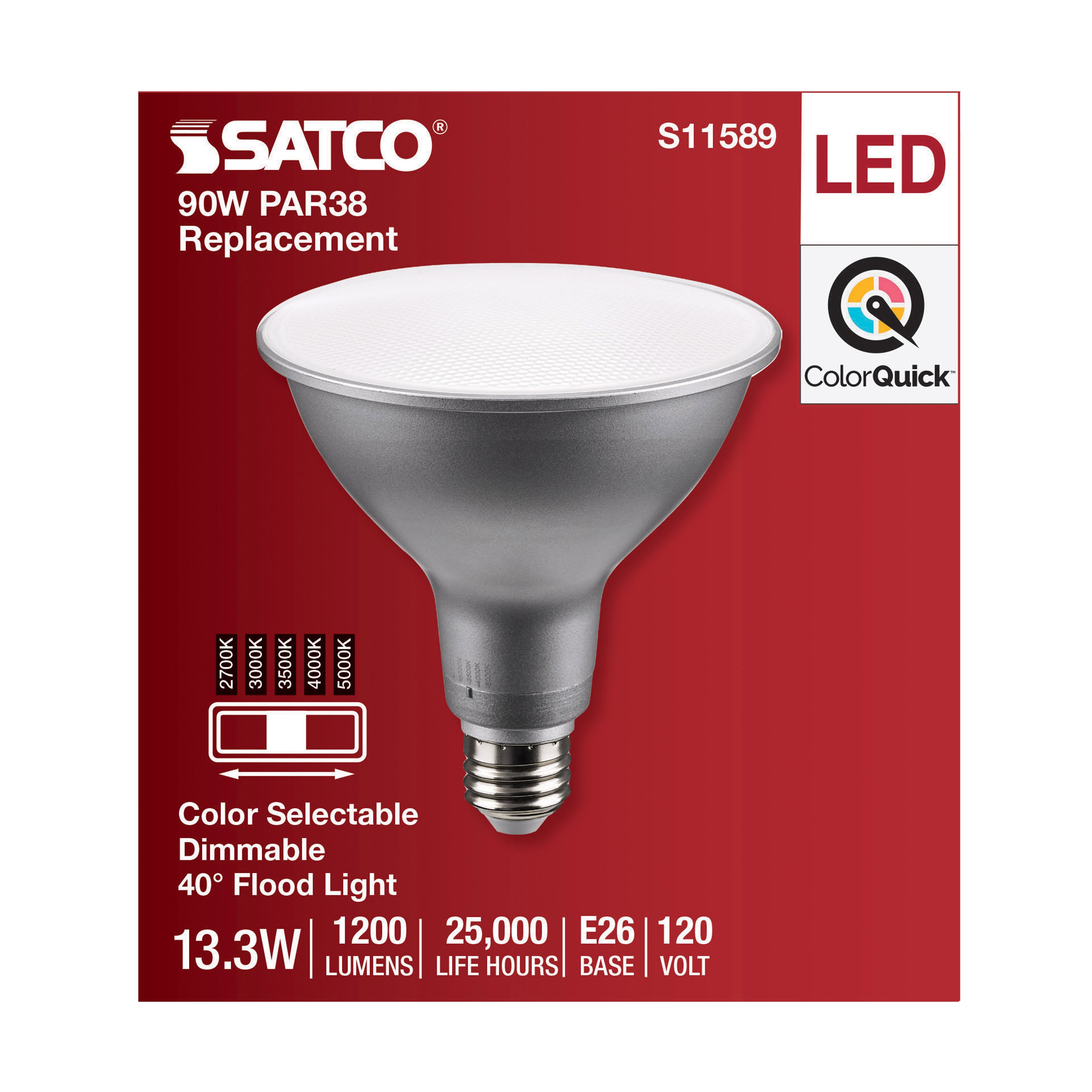 SATCO S11589 PAR Lamp, 13.3 W, 90 W Incandescent Equivalent, E26 Medium Lamp Base LED Lamp, PAR38 Shape, 1200 Lumens