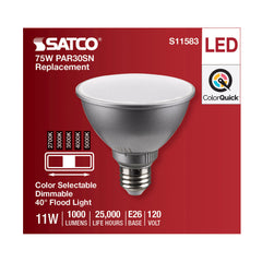 SATCO S11583 PAR Lamp, 11 W, 75 W Incandescent Equivalent, E26 Medium Lamp Base LED Lamp, PAR30SN Shape, 1000 Lumens