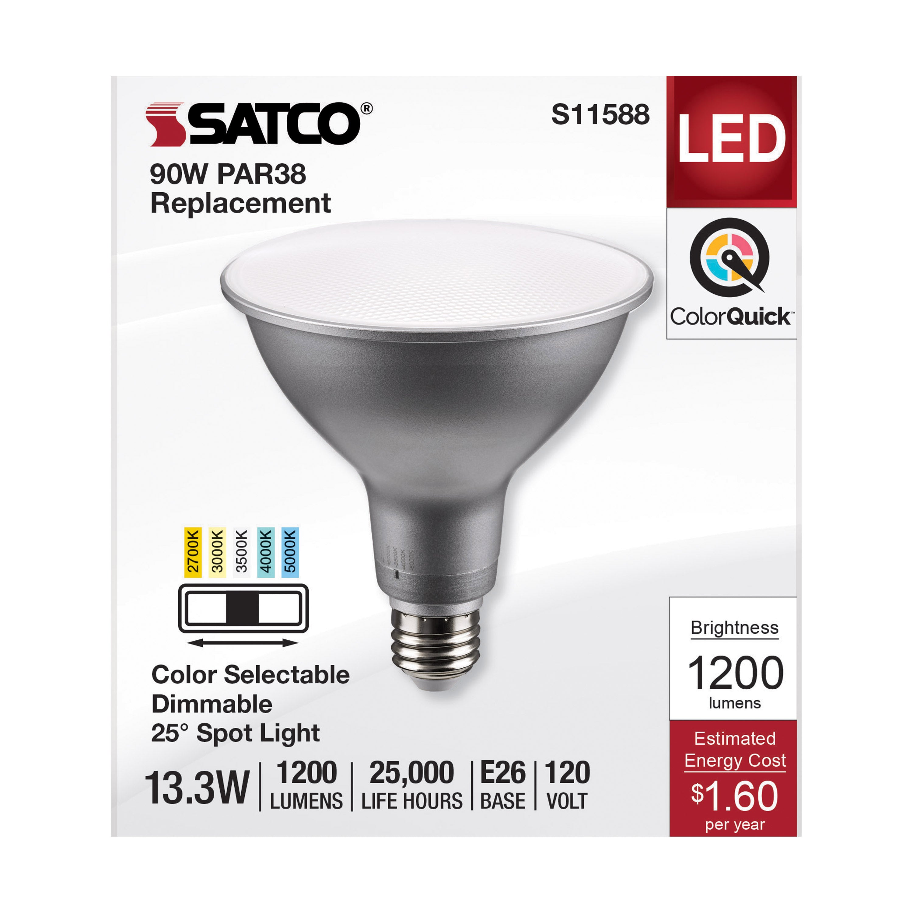 SATCO S11588 PAR Lamp, 13.3 W, 90 W Incandescent Equivalent, E26 Medium Lamp Base LED Lamp, PAR38 Shape, 1200 Lumens