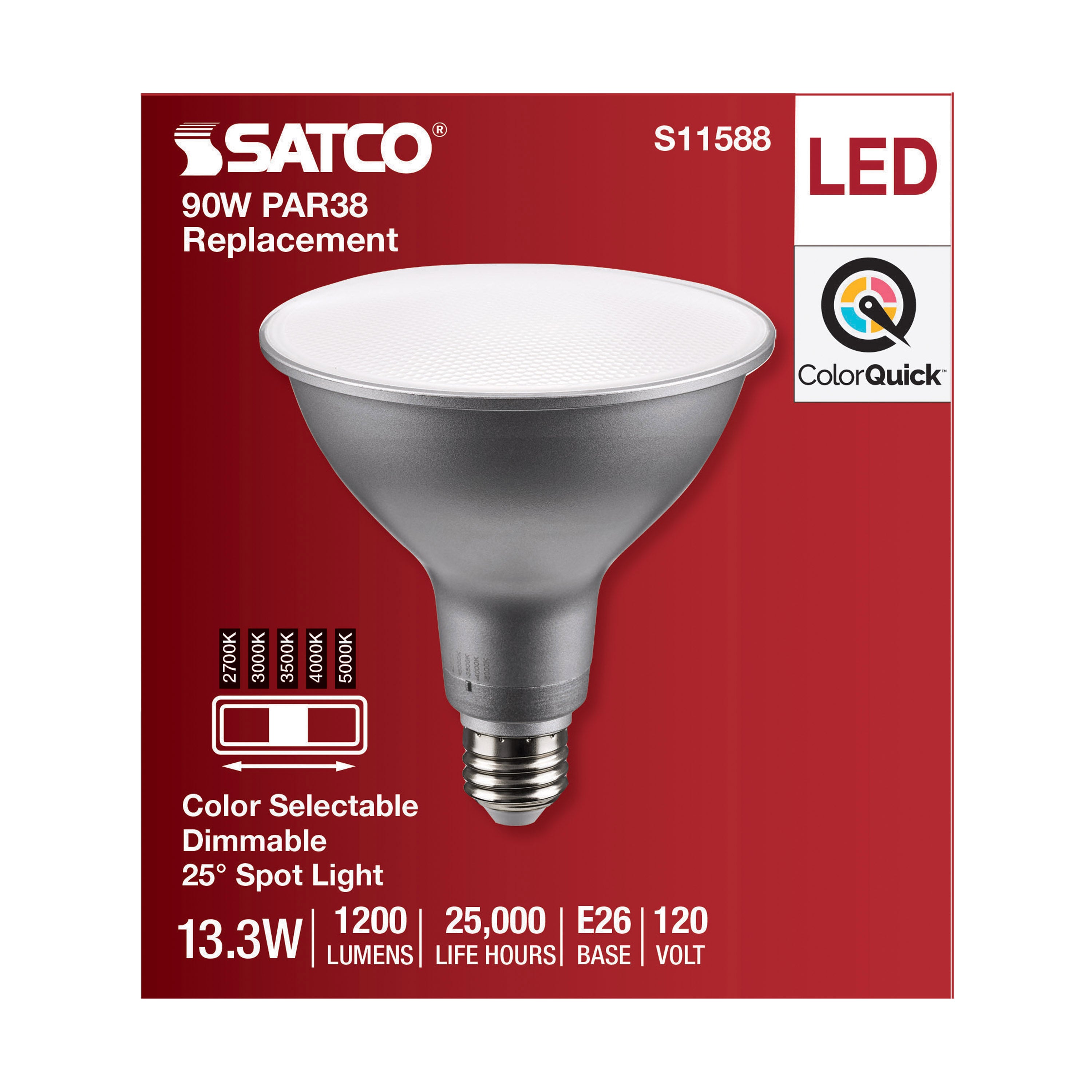 SATCO S11588 PAR Lamp, 13.3 W, 90 W Incandescent Equivalent, E26 Medium Lamp Base LED Lamp, PAR38 Shape, 1200 Lumens