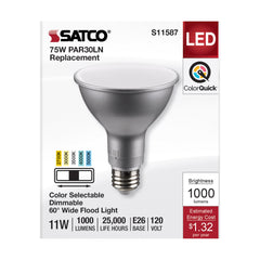 SATCO S11587 PAR Lamp 11 W 75 W Incandescent Equivalent E26 Medium Lamp Base LED Lamp PAR30LN Shape 1000 Lumens