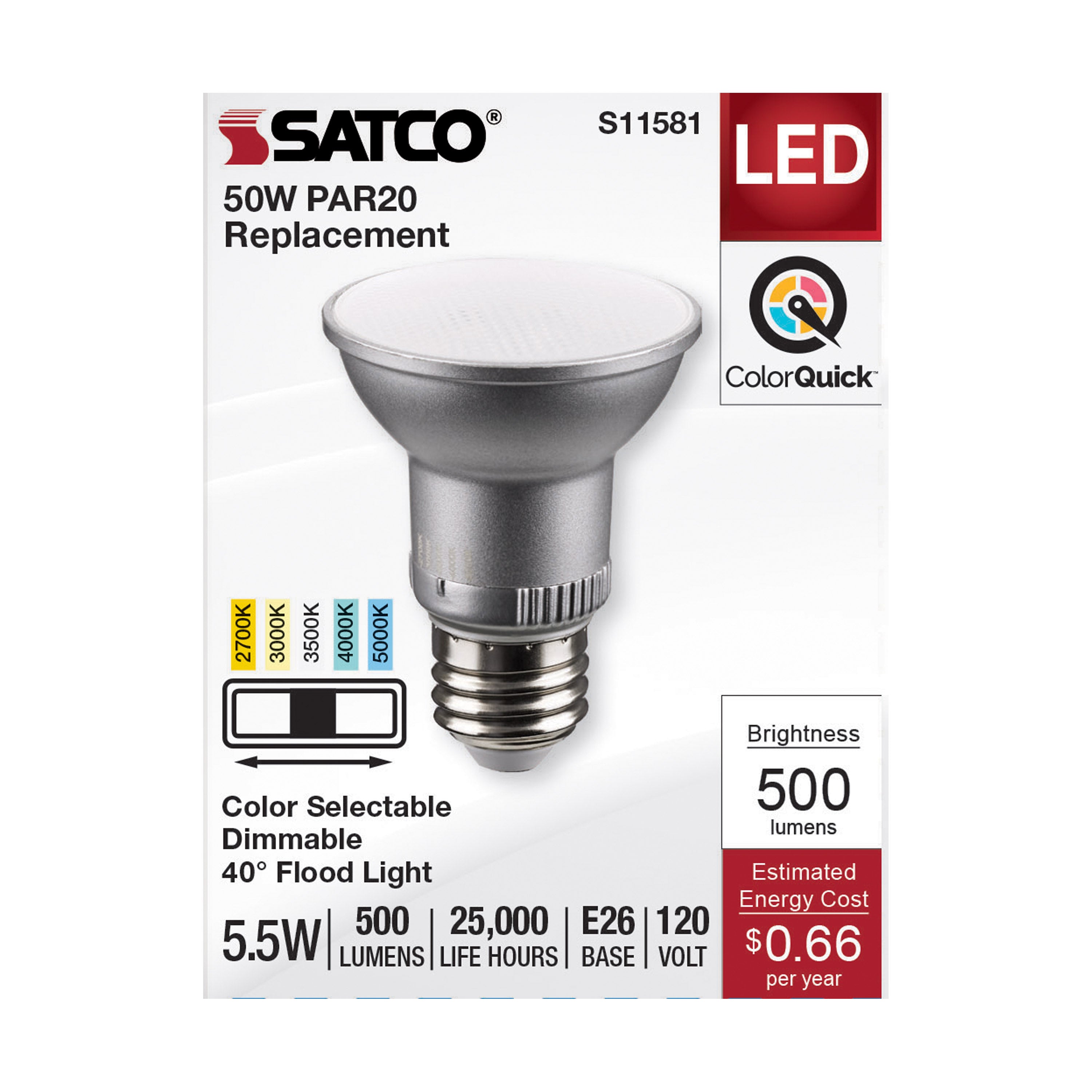 SATCO S11581 PAR Lamp, 5.5 W, 50 W Incandescent Equivalent, E26 Medium Lamp Base LED Lamp, PAR20 Shape, 500 Lumens