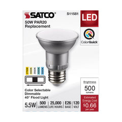 SATCO S11581 PAR Lamp, 5.5 W, 50 W Incandescent Equivalent, E26 Medium Lamp Base LED Lamp, PAR20 Shape, 500 Lumens