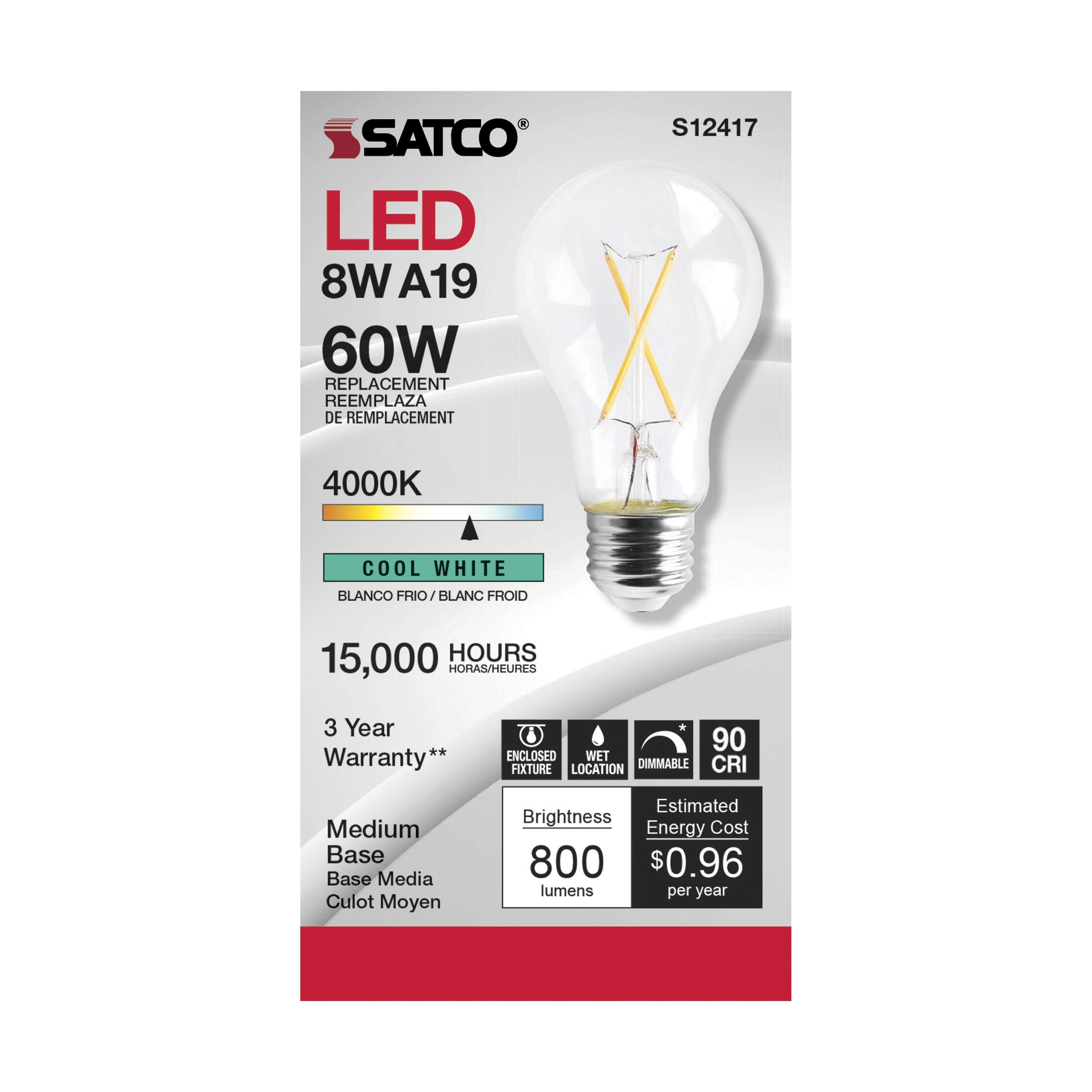 SATCO S12417 8 W Dimmable LED Medium E-26