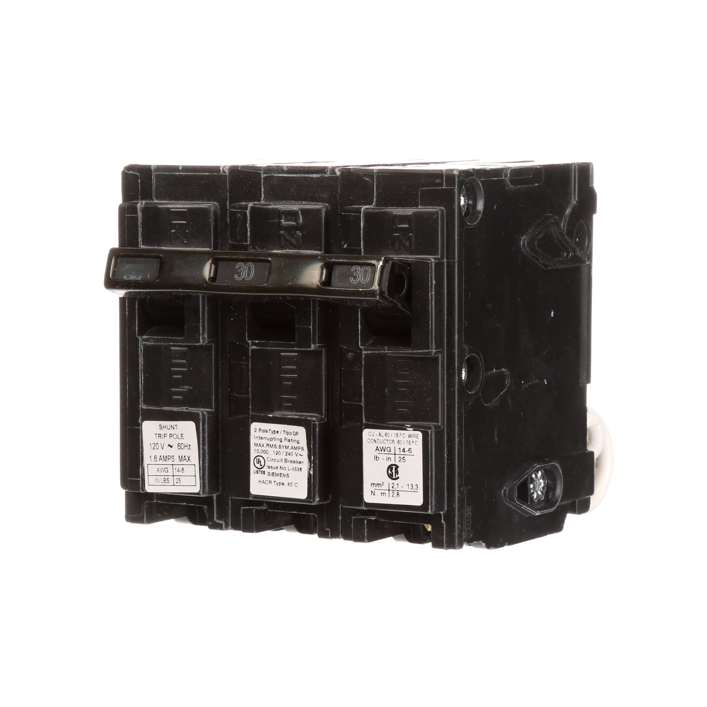 Siemens Q23000S01 2-Pole 30 Amp 120/240 VAC 10 kA 120 Volt Shunt Trip Circuit Breaker