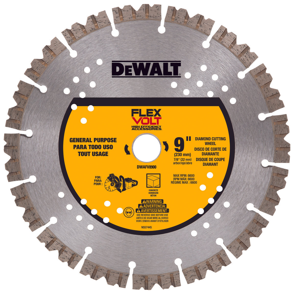 Black & Decker DWAFV8900 Segmented Diamond Blade, 9 in Dia Blade, 7/8 in Arbor/Shank, Dry Cutting, 3-1/4 in D Diamond