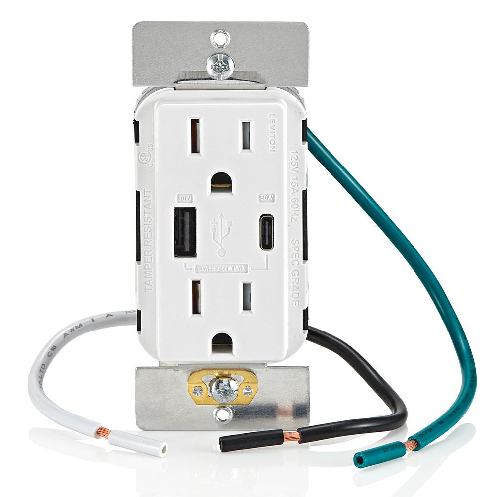 Leviton T5634-W WH USB Dual Type / Type-C Power Delivery Wall Outlet Charger with 15A Tamper-Resistant Outlet, 60W