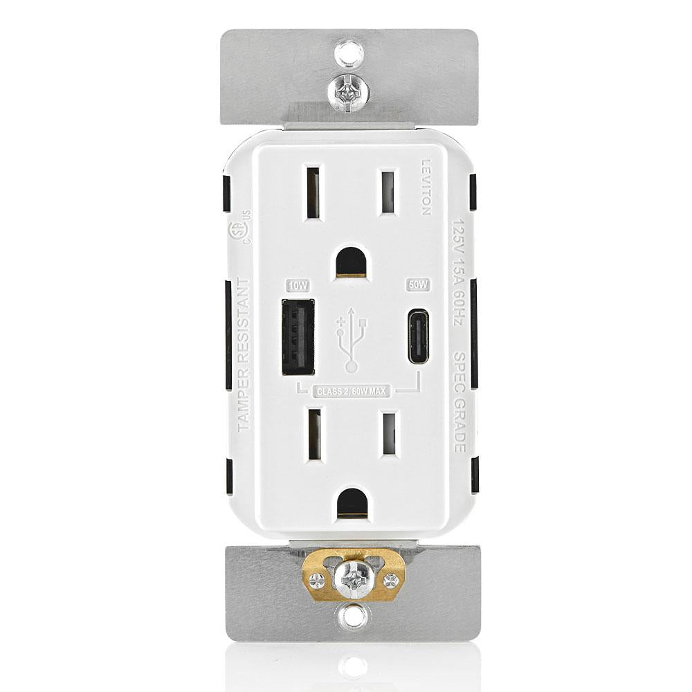 Leviton T5634-W WH USB Dual Type / Type-C Power Delivery Wall Outlet Charger with 15A Tamper-Resistant Outlet, 60W