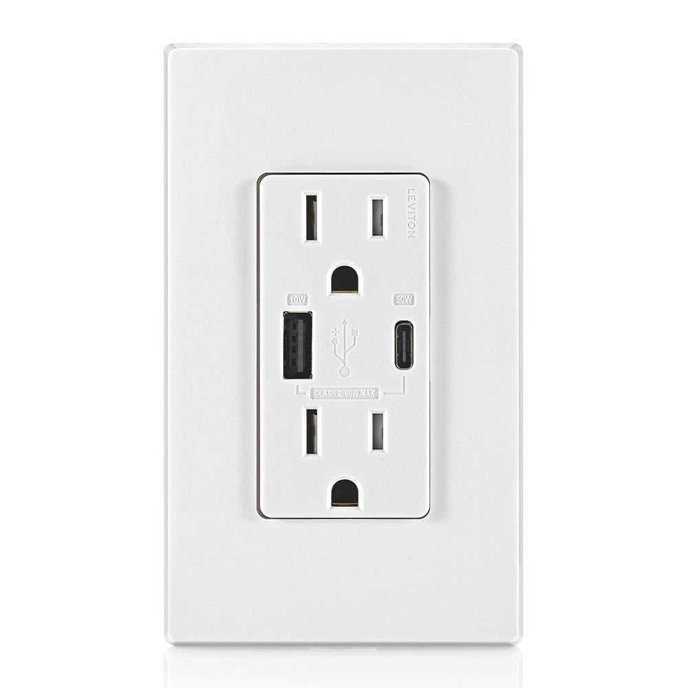 Leviton T5634-W WH USB Dual Type / Type-C Power Delivery Wall Outlet Charger with 15A Tamper-Resistant Outlet, 60W