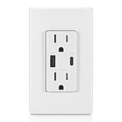 Leviton T5634-W WH USB Dual Type / Type-C Power Delivery Wall Outlet Charger with 15A Tamper-Resistant Outlet, 60W