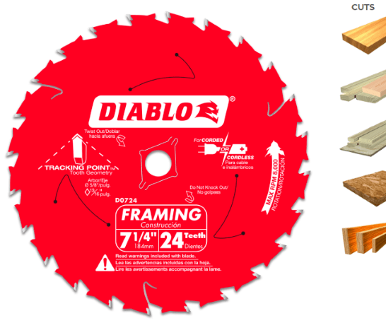 Diablo D0724A Framing Saw Blade, 7-1/4 Inch Diameter, 24 Teeth