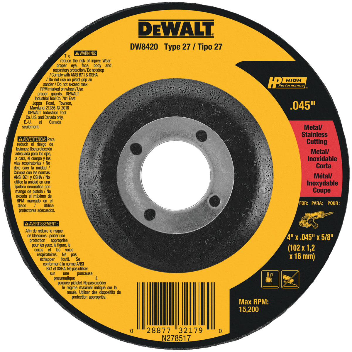 DEWALT DWA8424L 4-1/2 x 1/16 x 7/8 T27 HP Metal Cut-Off Wheel