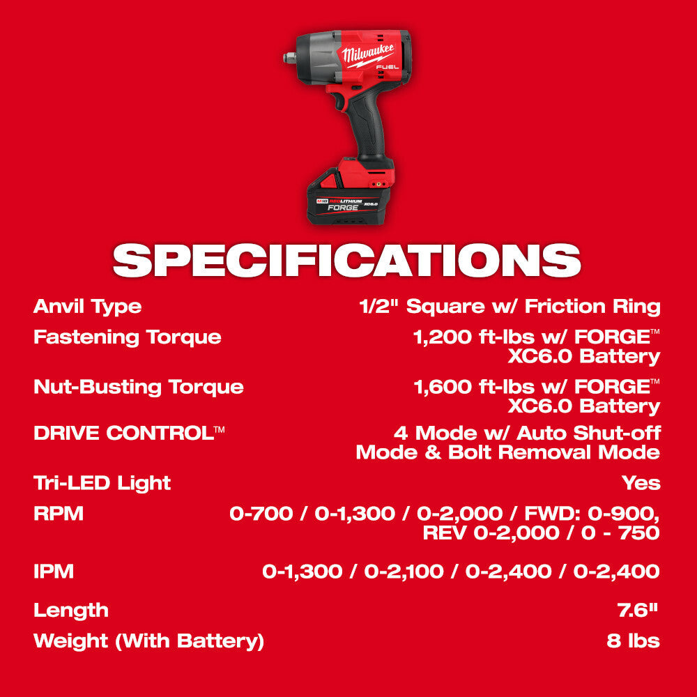 Milwaukee Tool 2967-21F M18 FUEL 1/2 High Torque Impact Wrench w/ Friction Ring REDLITHIUM FORGE Kit