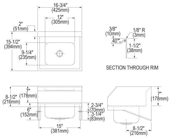 Elkay CHS1716LRSC Handwash Sink Kit 16-3/4 x 15-1/2 x 13