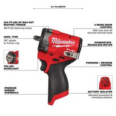 Milwaukee Tool 2562-20 Impact Wrench M12 Fuel Stubby Bare Tool 3/8 Inch 3000 Revolutions per Minute 550 LB