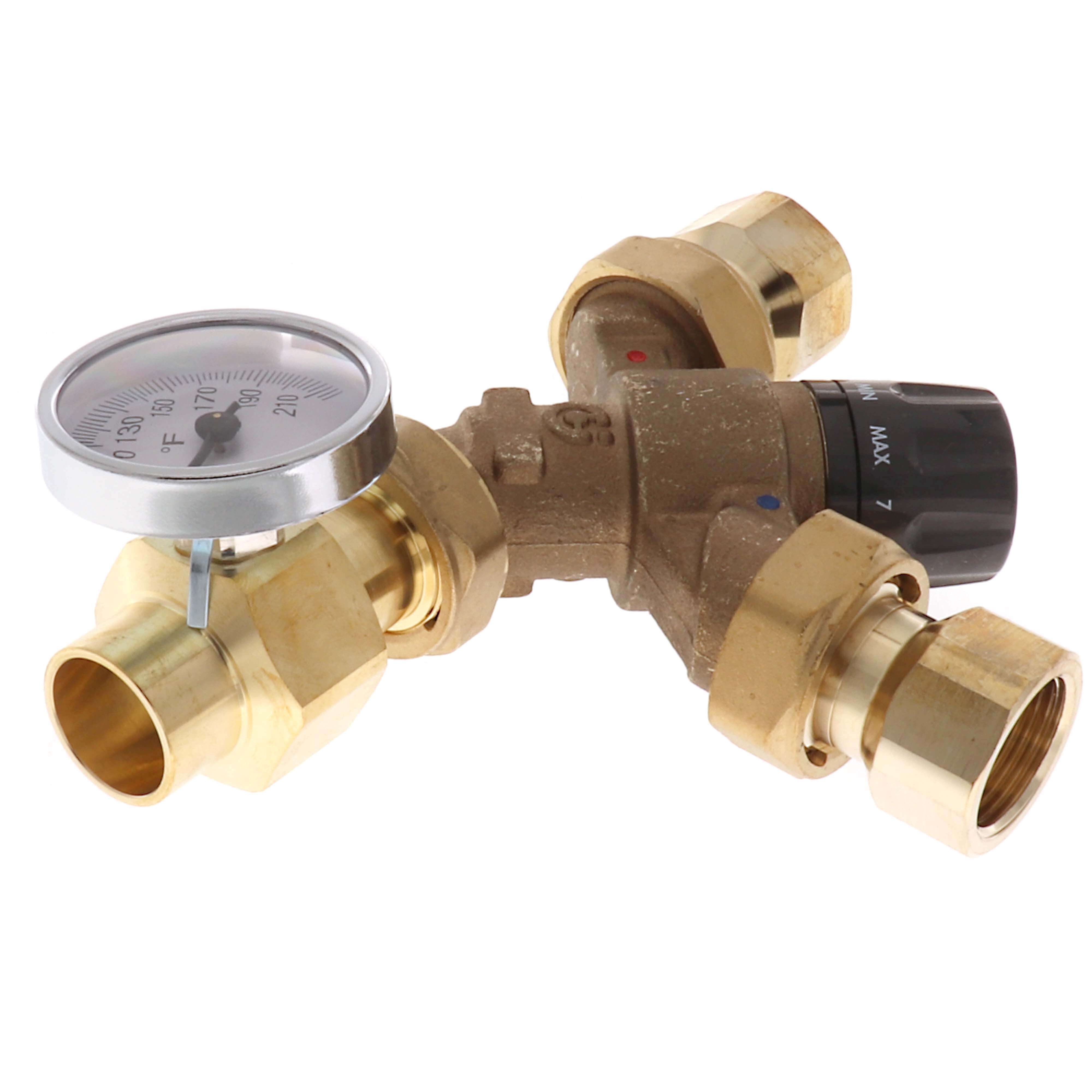 Caleffi 520519AX TankMixer 3-Way Mixing Valve 3/4 FNPT tank, 18 flex hose, cross, 3/4 sweat system, gauge