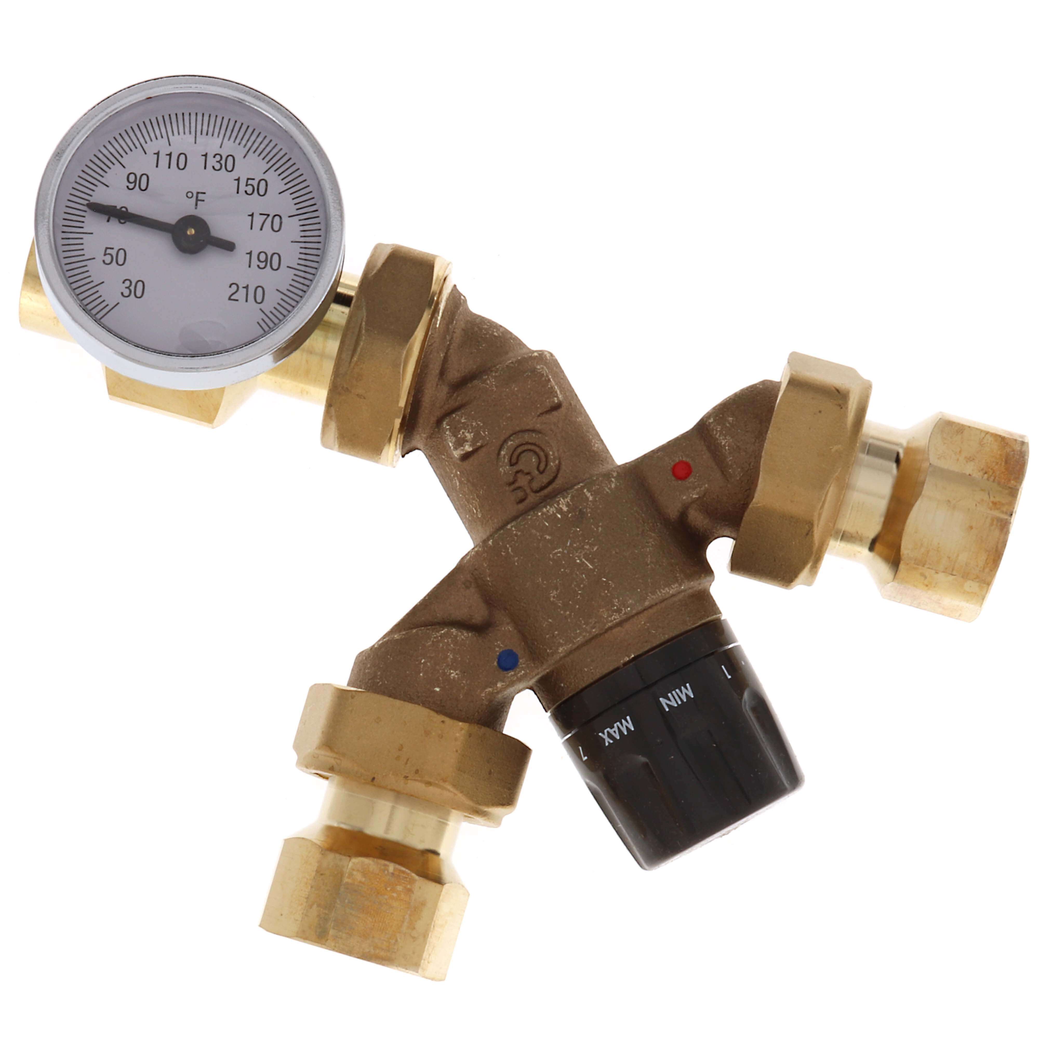 Caleffi 520519AX TankMixer 3-Way Mixing Valve 3/4 FNPT tank, 18 flex hose, cross, 3/4 sweat system, gauge