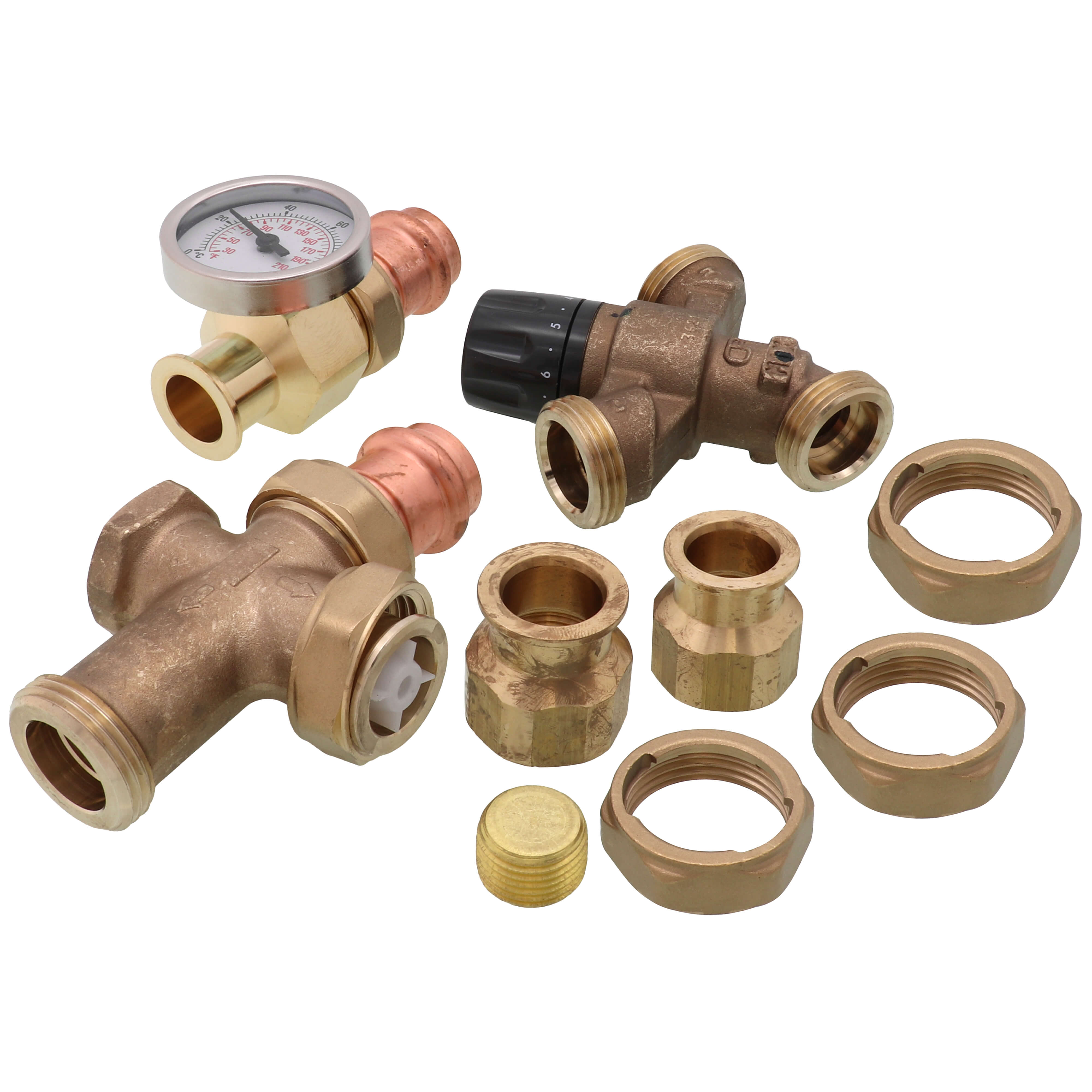 Caleffi 520516AX TankMixer 3-Way Mixing Valve 3/4 FNPT tank 18 flex hose cross 3/4 press system gauge