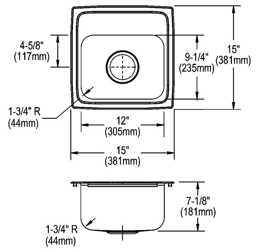 Elkay BLR15163 Lustertone Classic Stainless Steel Sink 15 x 15 x 7-1/8 Drop-In Sink 3-1/2 Drain