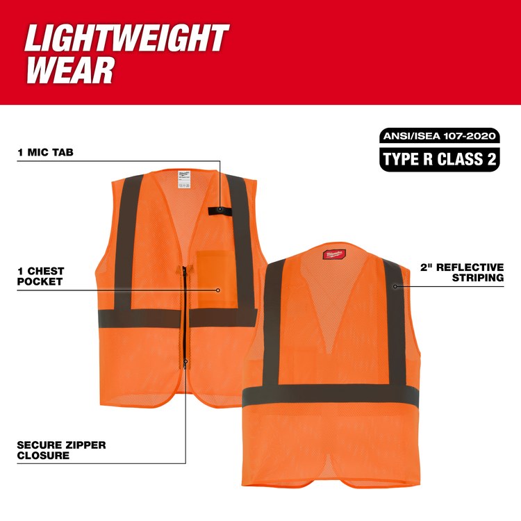 Milwaukee Tool 48-73-2246 Class 2 High Visibility Orange Mesh One Pocket Safety Vest - L/XL