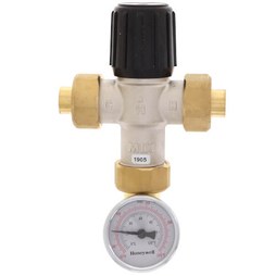 Resideo AM100R-USTG-1 Mixing Valve AM-1R with Temperature Gauge 1/2 Inch Brass Union 150 Pounds per Square Inch