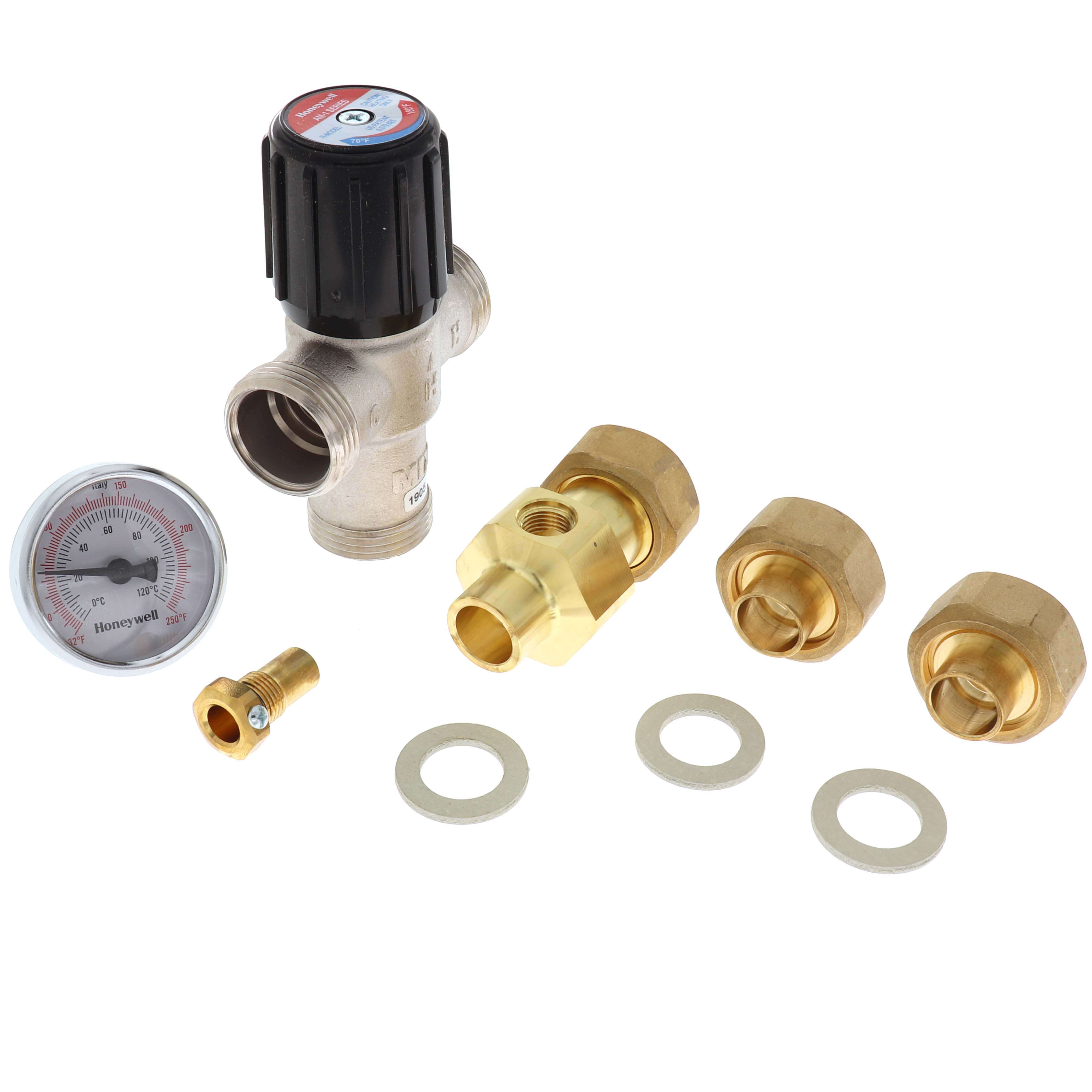 Resideo AM100R-USTG-1 Mixing Valve AM-1R with Temperature Gauge 1/2 Inch Brass Union 150 Pounds per Square Inch