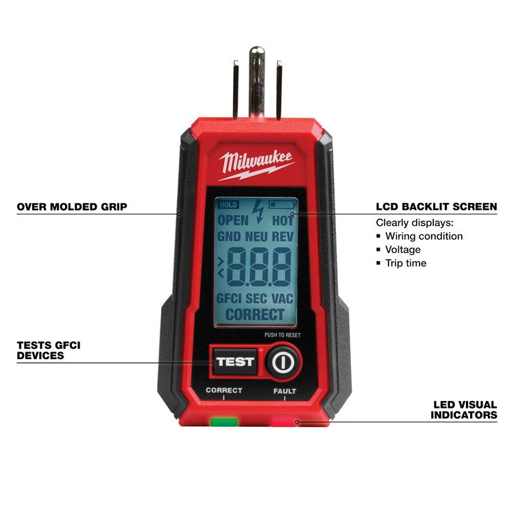 Milwaukee Tool 2224-20 Electrical Tester Digital GFCI Receptacle AAA CAT II 135V LCD Screen