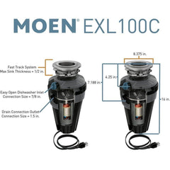 Moen GX100C Garbage Disposal 1 HP Continuous Feed with Pre-Installed Power Cord