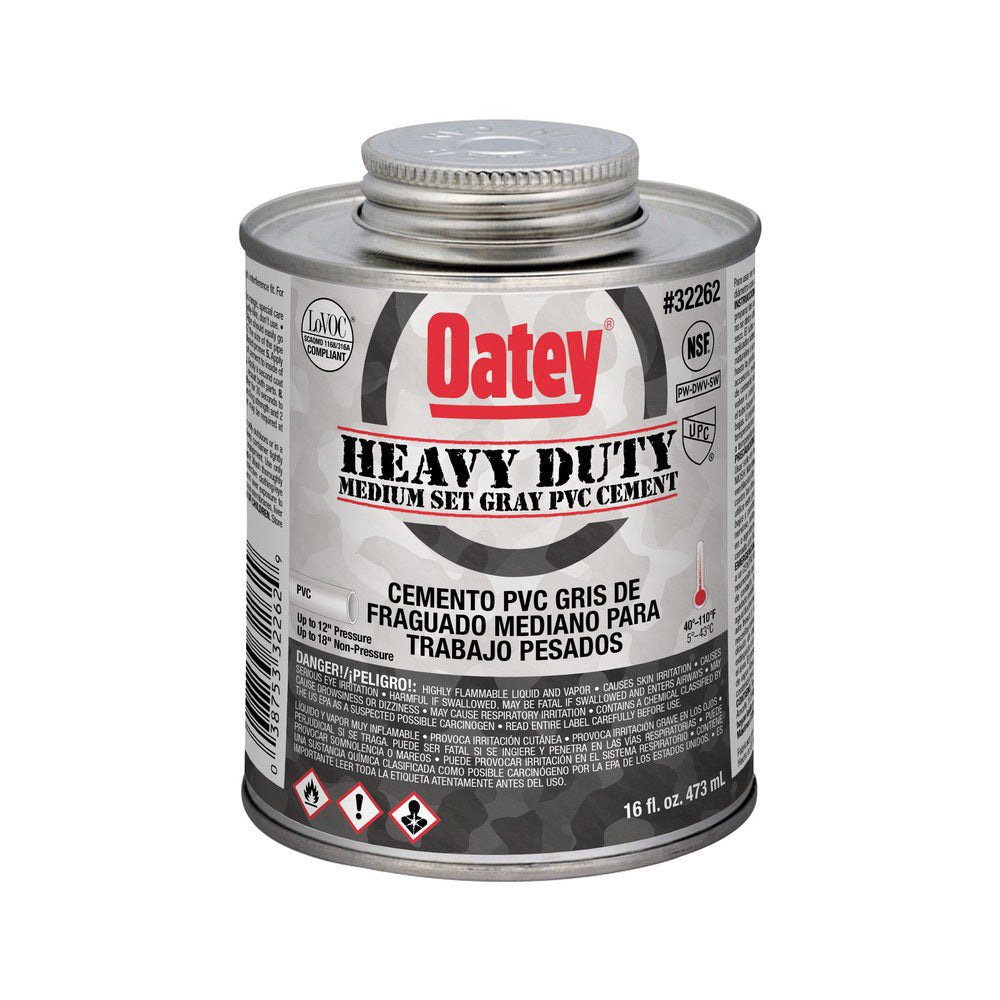 Oatey 32262 Heavy Duty Viscosity Medium Set PVC Cement, 16 oz Container, Gray