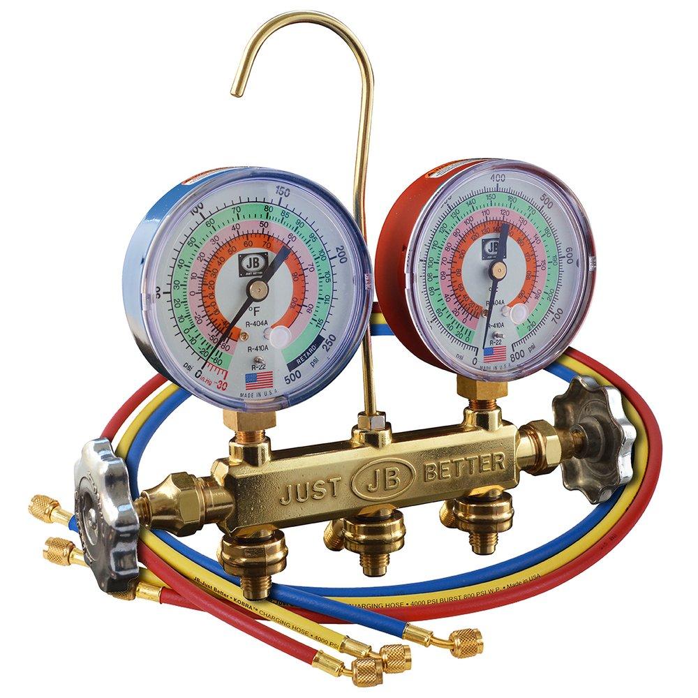 JB Industries 22233 Patriot 2-Valve Brass R22/R404A/R410A Refrigerant Manifold with 3-1/8 in. Gauges and CCLE 60 in. Hose Set