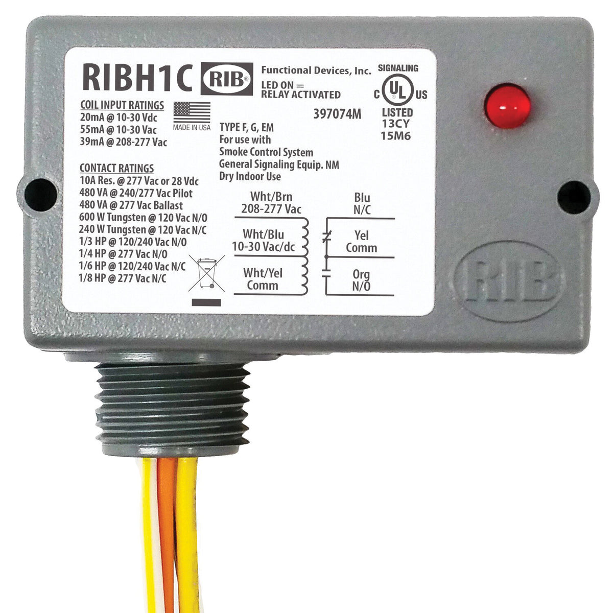 Functional Devices RIBH1C Enclosed Relay 10 Amp SPDT 10-30VAC/DC;208-277V