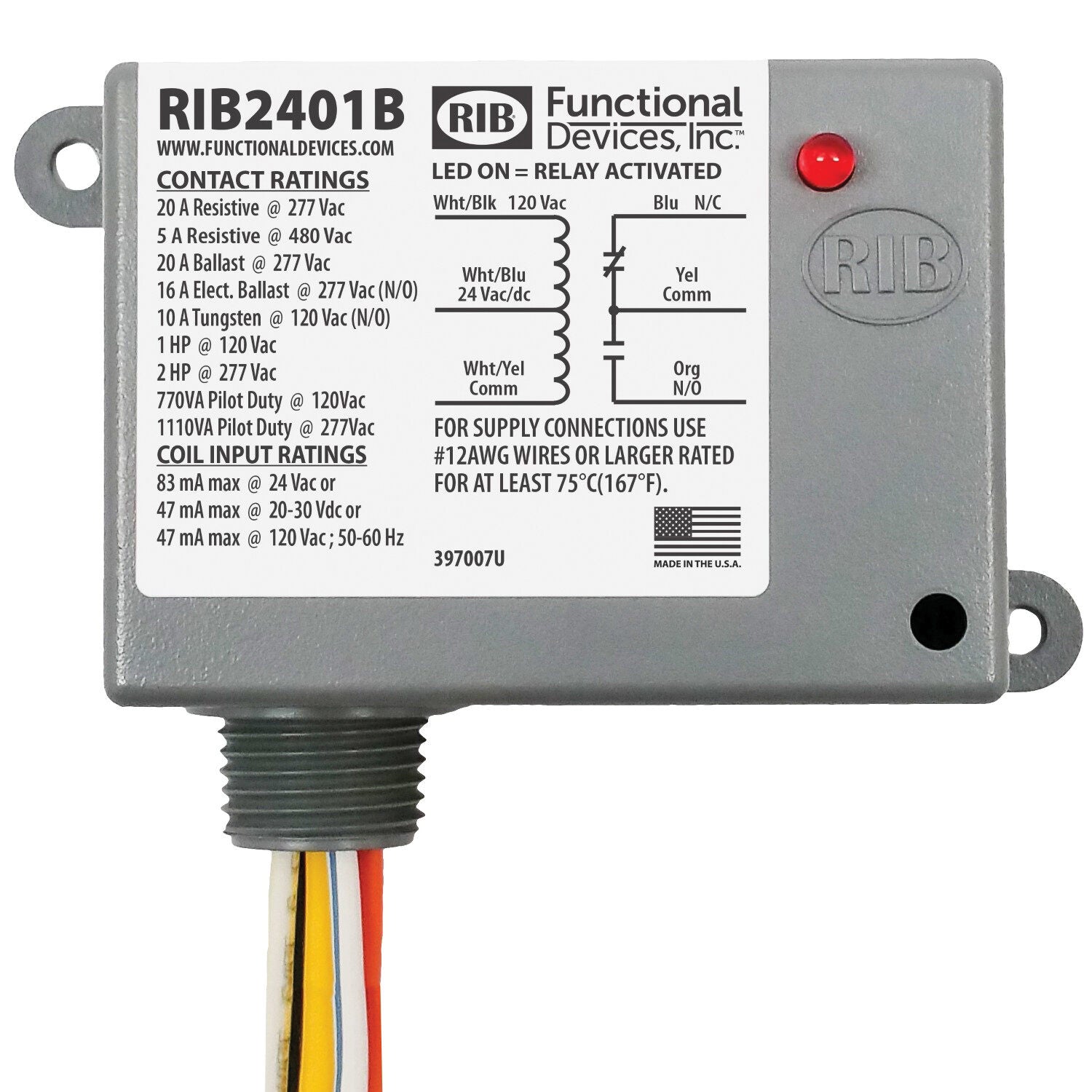 FUNCTIONAL DEVICES Functional Devices RIB2401B Enclosed Relay 20A SPDT with 24V AC/DC/120V AC Coil