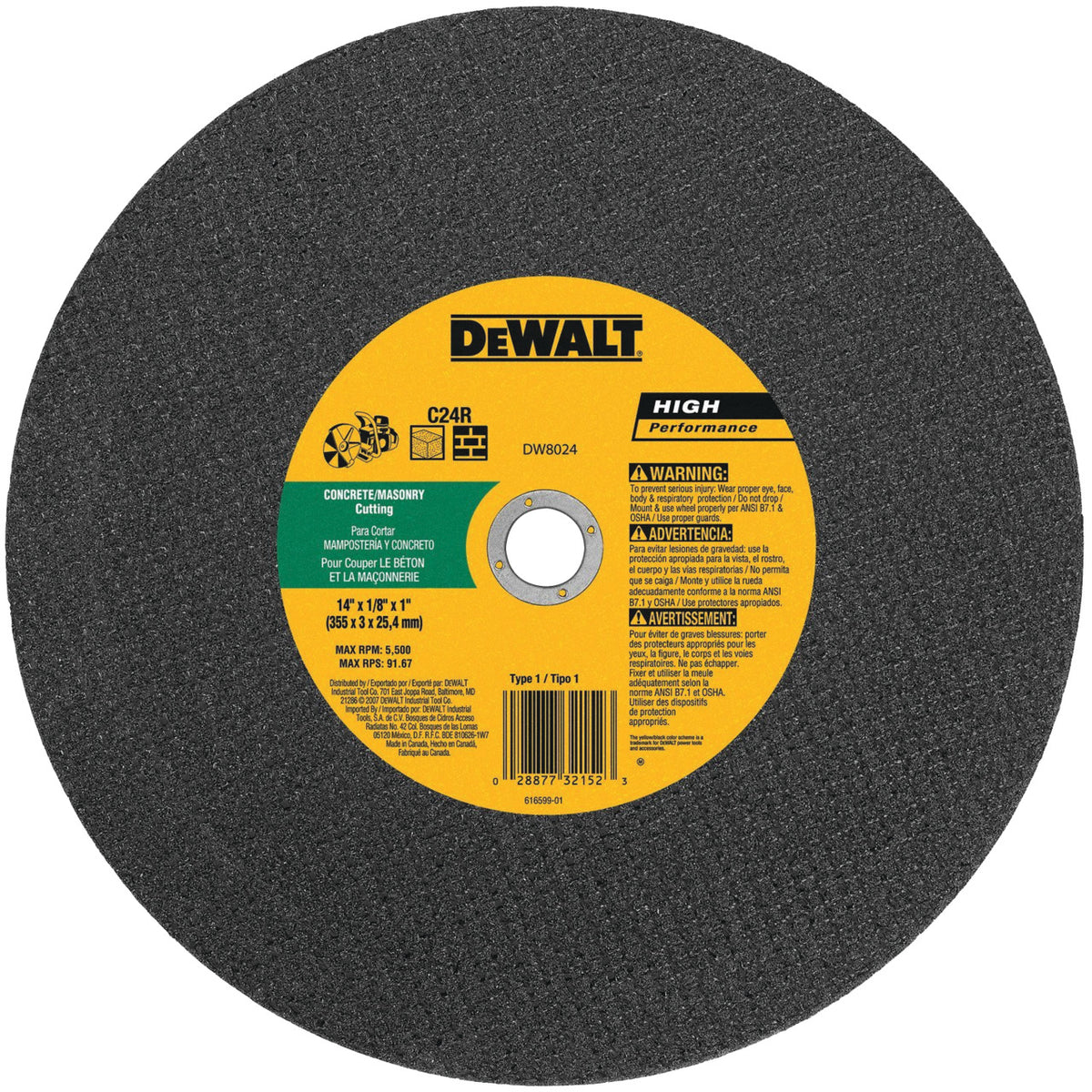 Dewalt DW8025 Cut-Off Wheel - 14 in Wheel Dia., 0.125 in Wheel Thickness, 20 mm Center Hole Diameter, 24 Grit, 5500 rpm