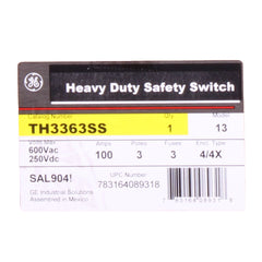 General Electric TH3363SS Spec-Setter Fused Heavy Duty Safety Switch, 600 VAC, 100 A, 30 hp, 3 Poles