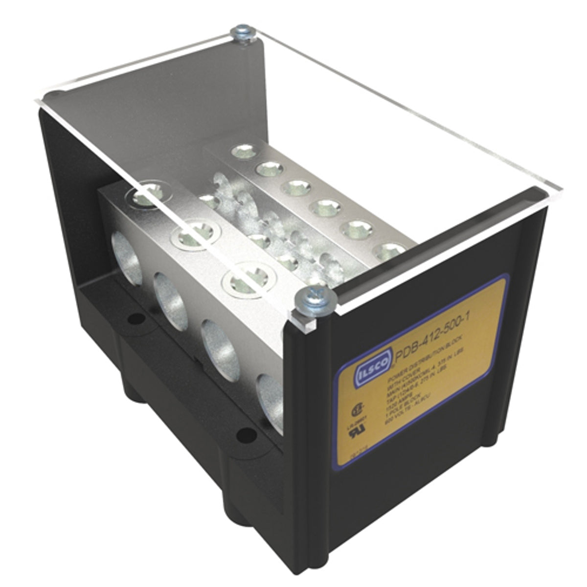 ILSCO PDB-412-500-1 Power Distribution Block, Dual Rated, Line Conductor Range 500-4, Load Range 4/0-6, 4 Ports Per Pole Line Side, 12 Ports Per Pole Load Side, 1 Pole, UL, CSA, Includes Cover